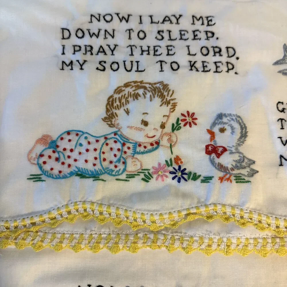 Hand stitched Pillowcases Now I Lay Me Down to Sleep Prayer Scalloped Trim
